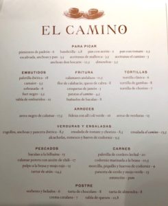 Menü im El Camino in Palma